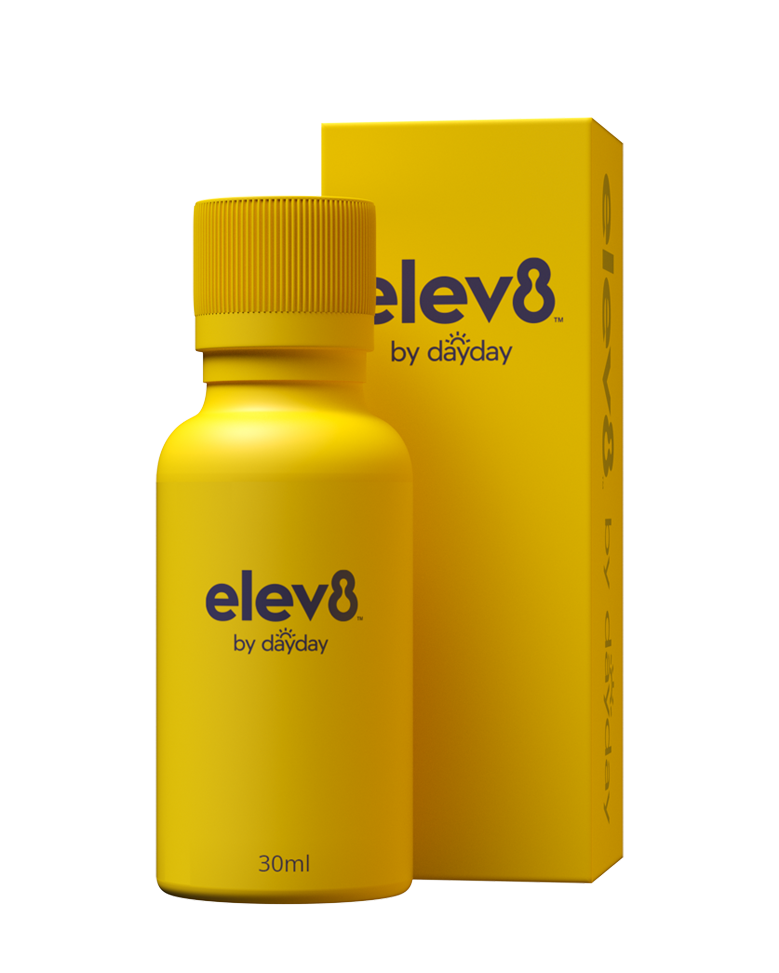 Product image shows plastic bottle labelled elev8 with a box