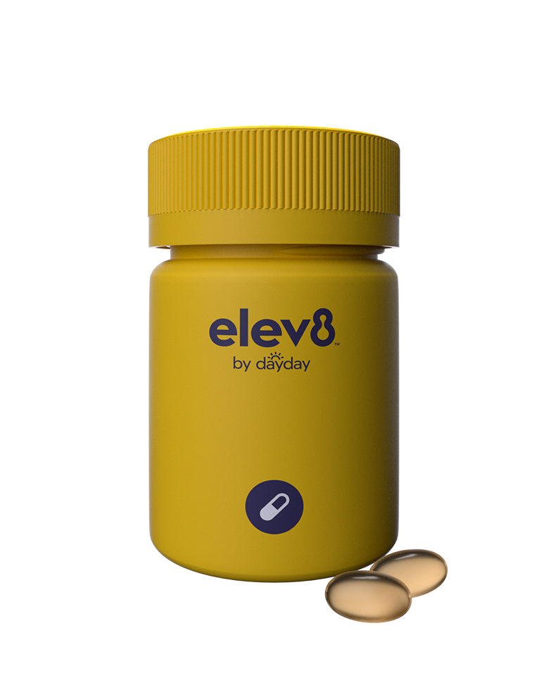 Plastic bottle labelled elev8 by dayday. Two small oval capsules are next to the bottle.
